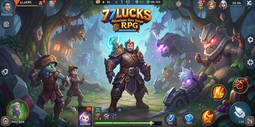 Tangkapan layar bermain 77LUCKS menunjukkan pertempuran epik RPG.