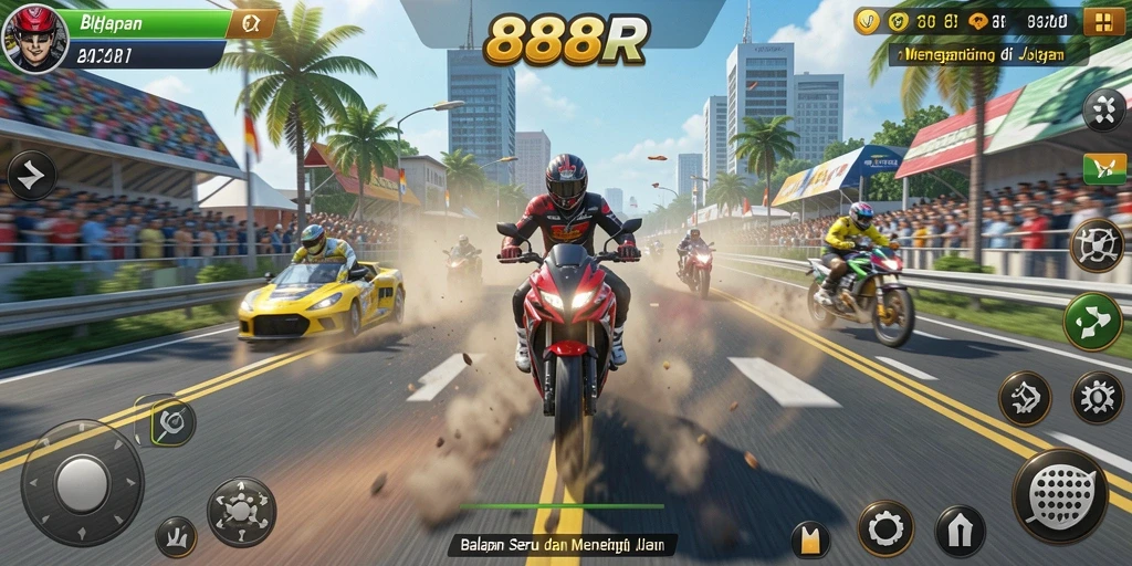 Tangkapan layar gameplay 888R dengan aksi balapan yang seru.