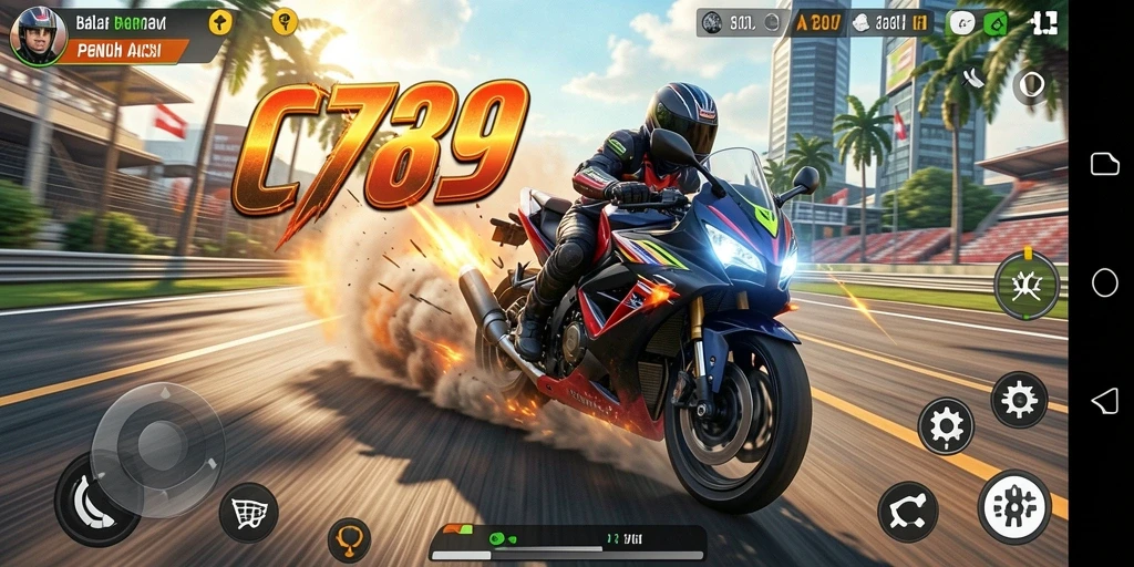 Tampilan menarik gameplay balapan motor C789 yang mendebarkan.