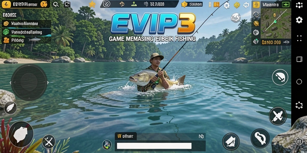 Tampilan gameplay EVIP3 yang menampilkan momen memancing seru.