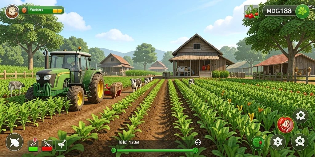 Tampilan gameplay yang menarik dengan elemen pertanian dan interaksi sosial.