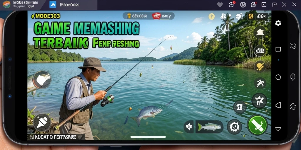 Tampilan gameplay <strong>MODE303</strong> yang menampilkan momen memancing di laut.