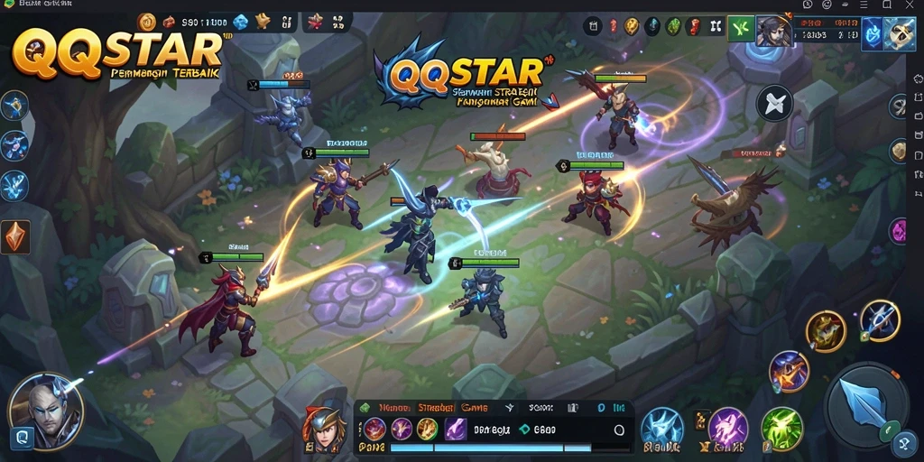 Tangkapan layar gameplay QQSTAR yang menampilkan pertempuran strategis yang intens.