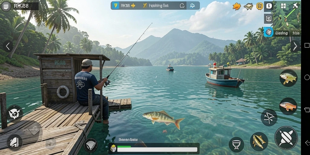 Tampilan gameplay RK88 yang menarik saat menangkap ikan di laut.
